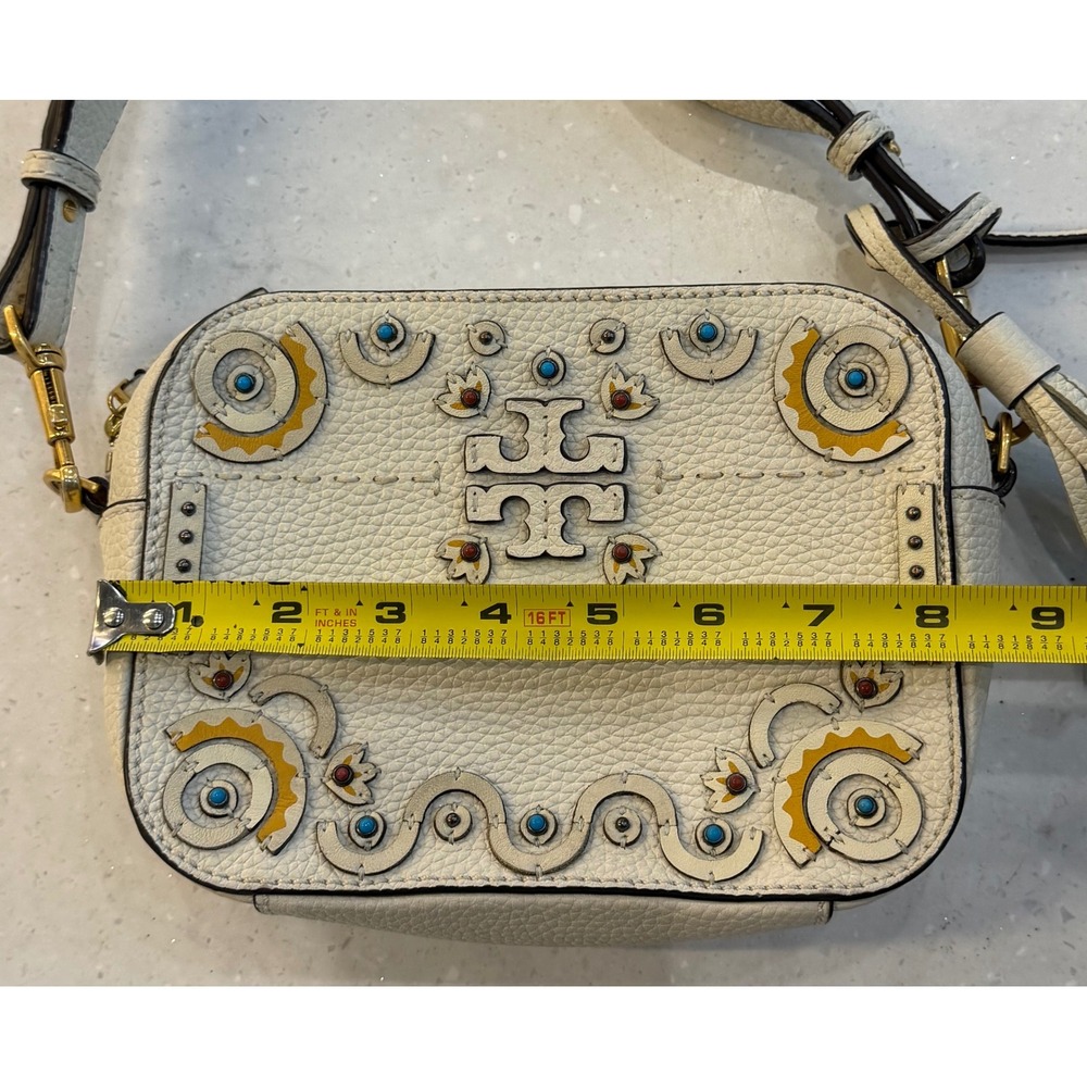 Tory Burch McGraw Mixed Materials Camera Bag White Leather Crossbody Tassels - Picture 12 of 13